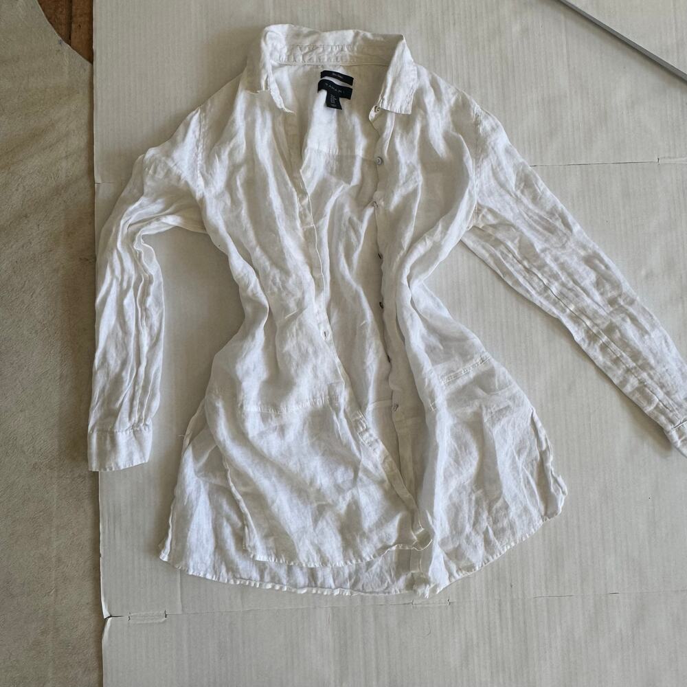 white Large 100% Linen long sleeve button up white shirt breathable blouse